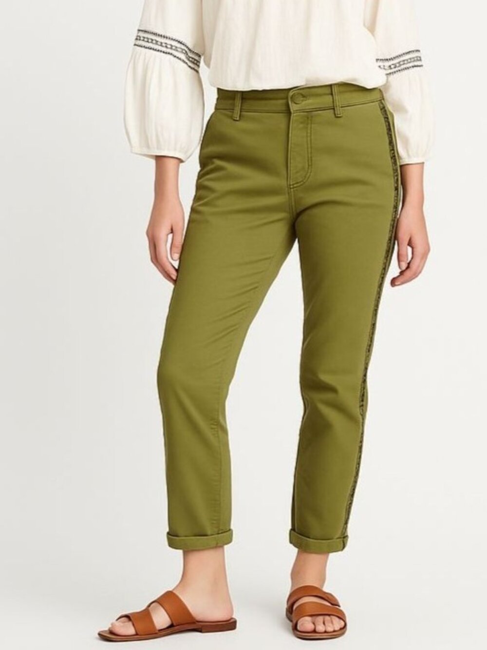 Anthropologie Womens Chino Pant Relaxed Fit Green Side Stripe Stretch Size 26